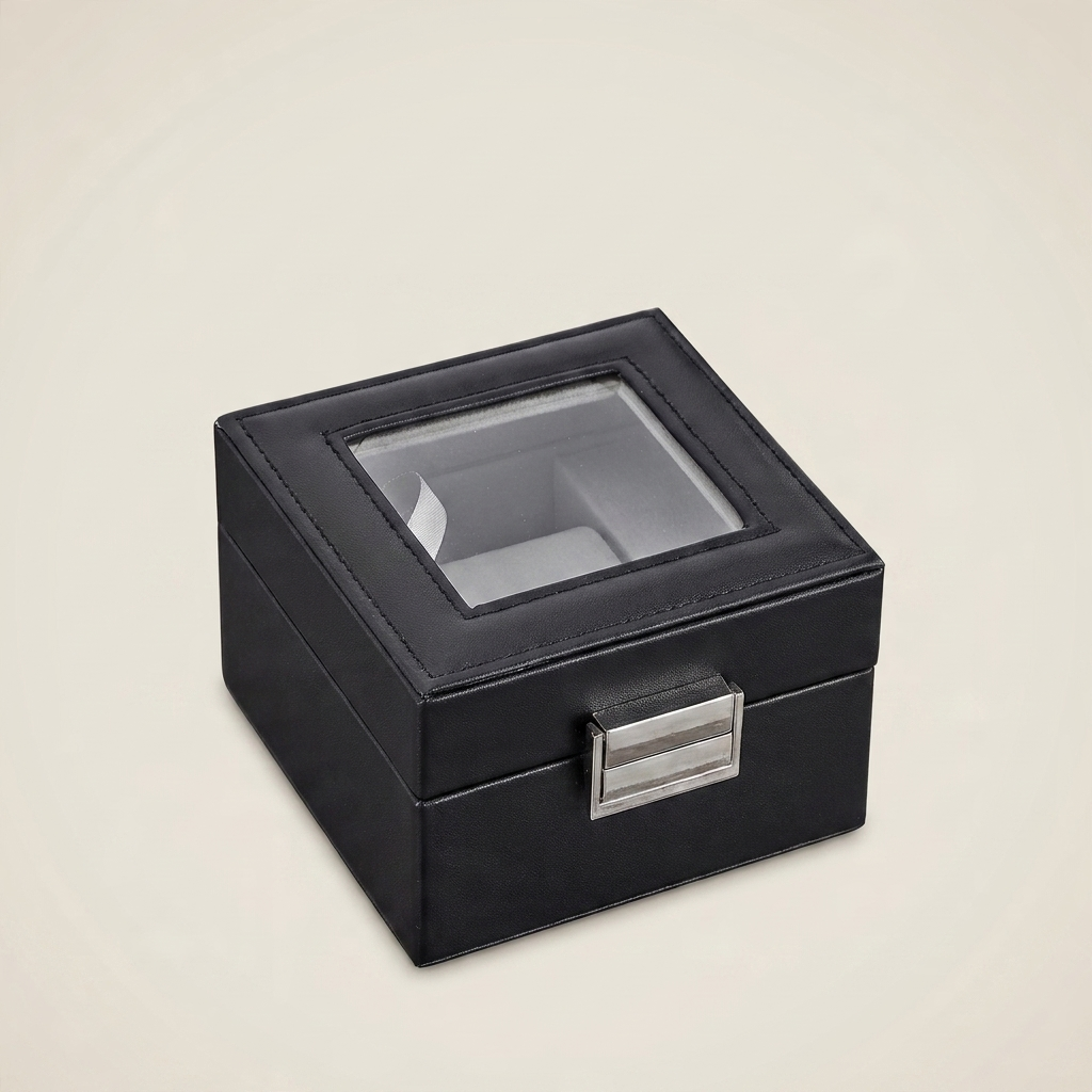 Black PU leather six-position single-layer watch storage display box shown front view with metal clasp and hinged lid closed