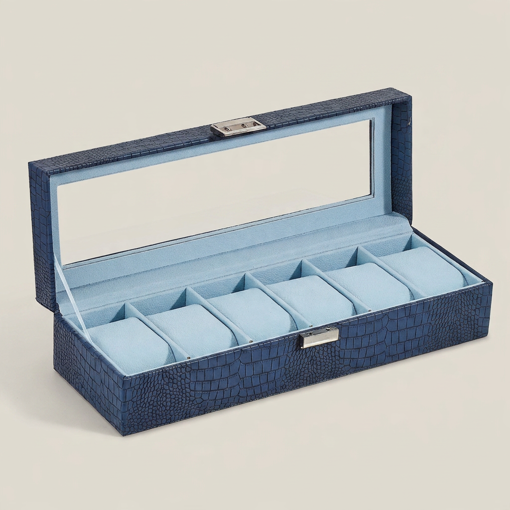Front view of black PU leather six-position watch box with closed lid and metal clasp detail