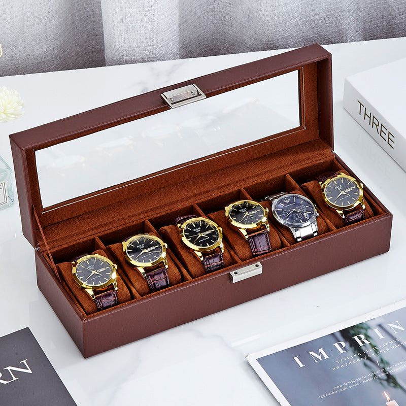 Front view of black PU leather six-position watch box with lid open revealing gray fabric interior compartments