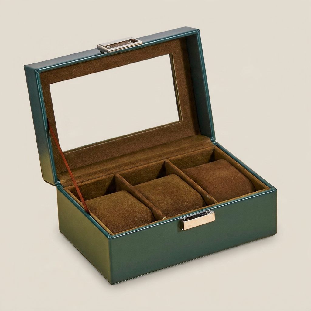 Front view of black PU leather six-position watch box with lid open showing gray fabric lined compartments