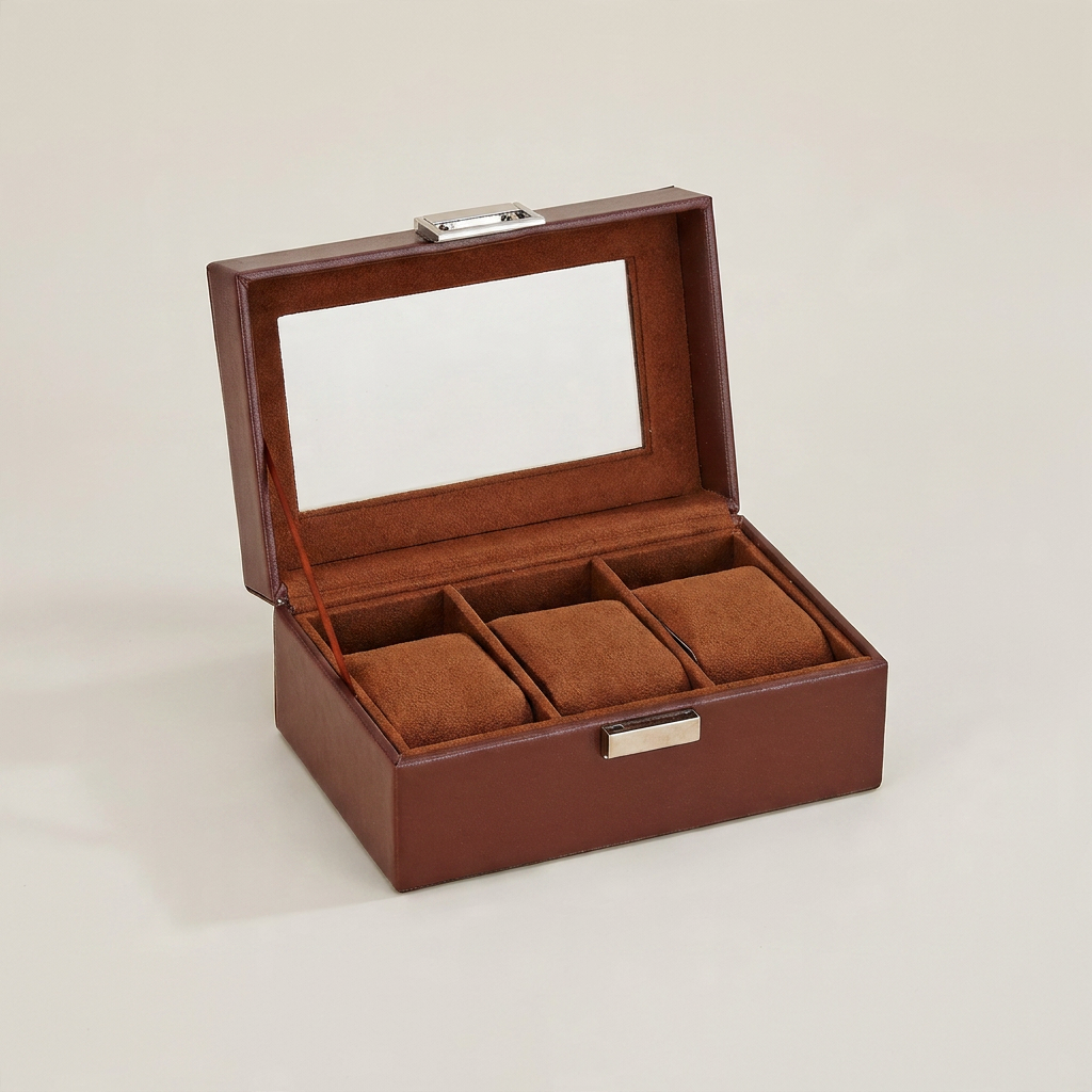 Side profile of black PU leather six-position watch box with metal clasp and closed lid