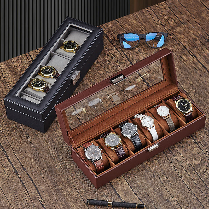 Side profile showing black PU leather texture and metal clasp on six-position single-layer watch storage box