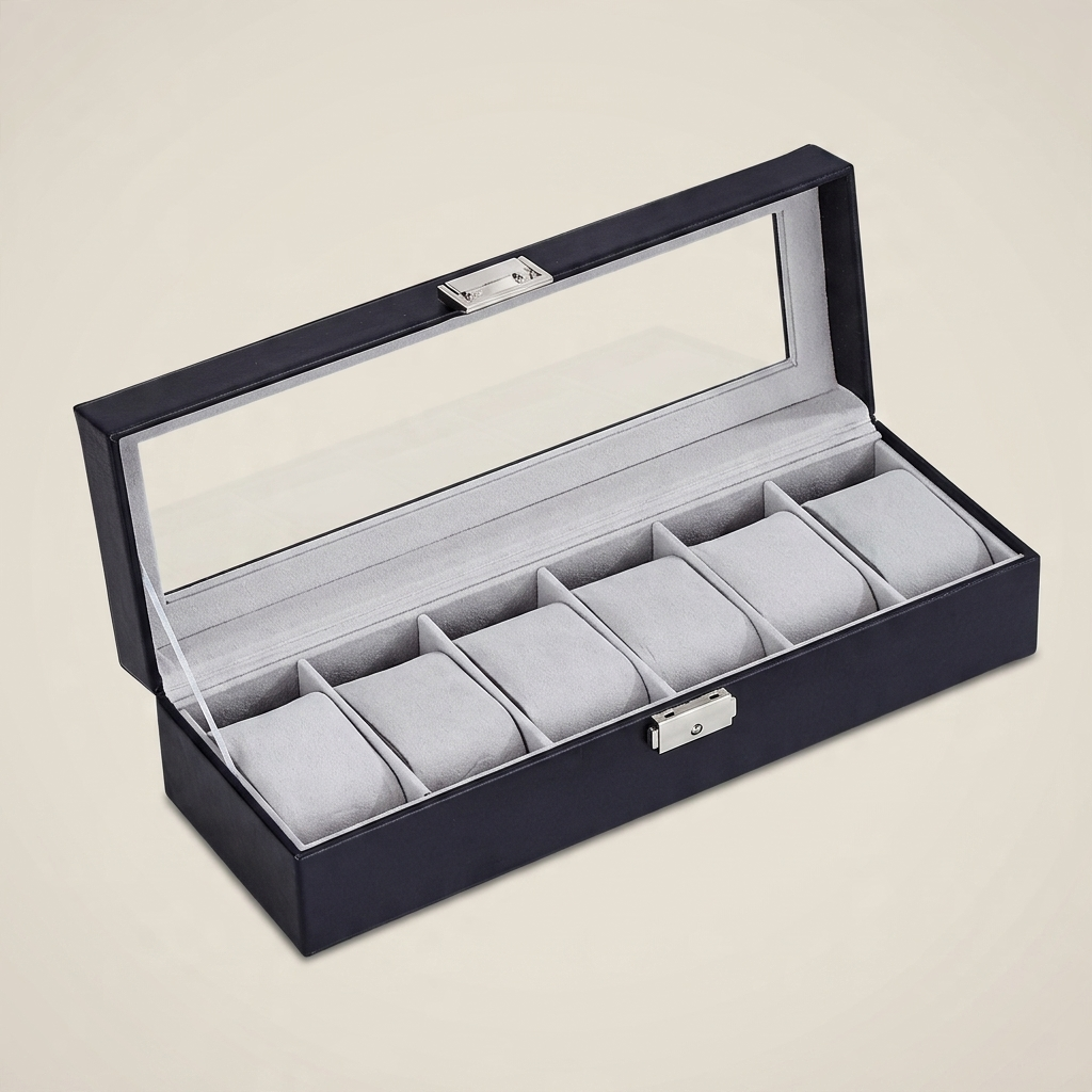 Three-quarter angle of black PU leather six-position watch box with closed lid and visible metal clasp