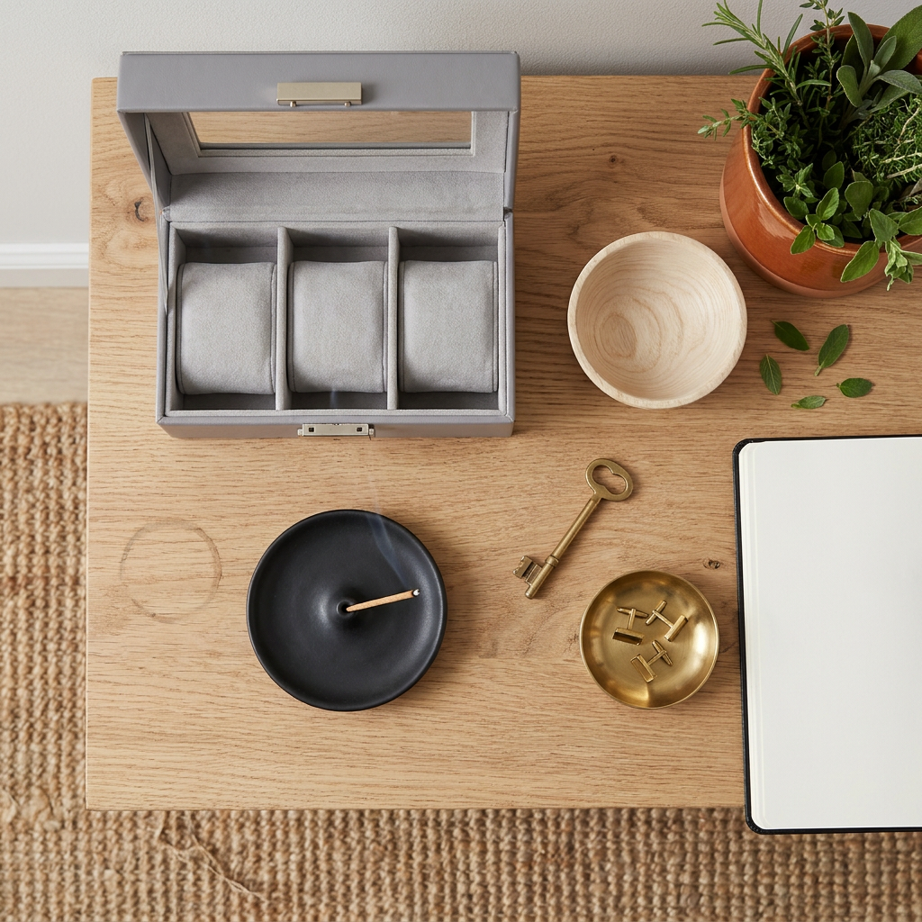 Three-quarter angle of black PU leather six-position watch box on sideboard with natural daylight illuminating the surface