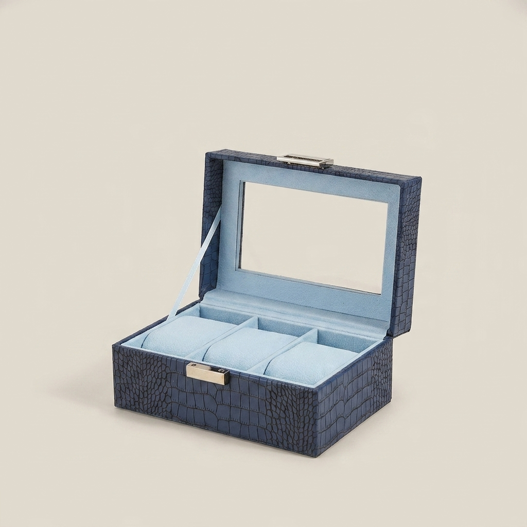 Top-down view of black PU leather six-position watch box with closed lid showing smooth leather finish