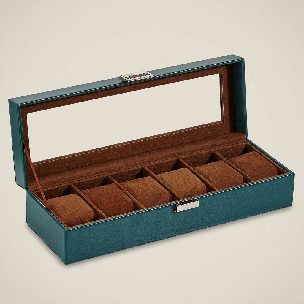Top-down view of black PU leather six-position watch box with open lid showing gray fabric compartments