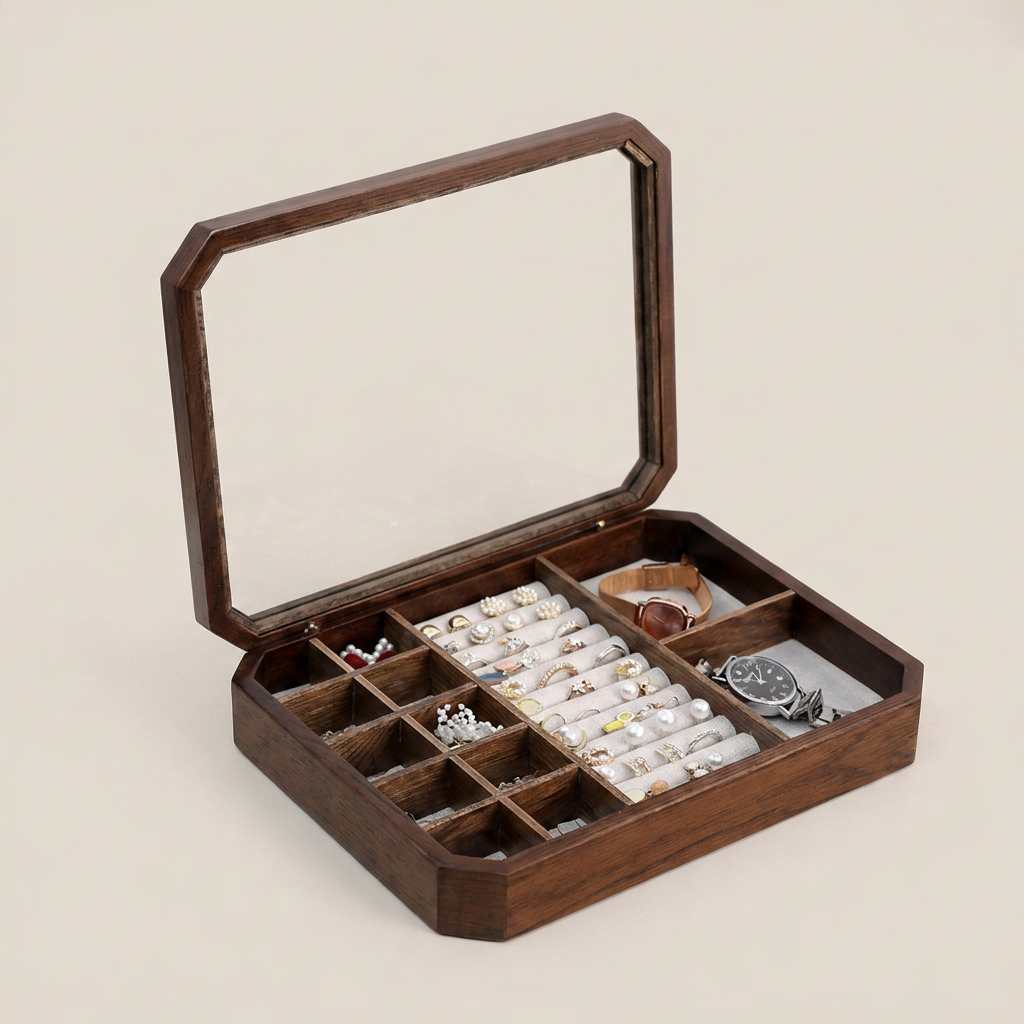 Three-quarter view of black walnut octagonal jewelry box with glass lid in ambient room