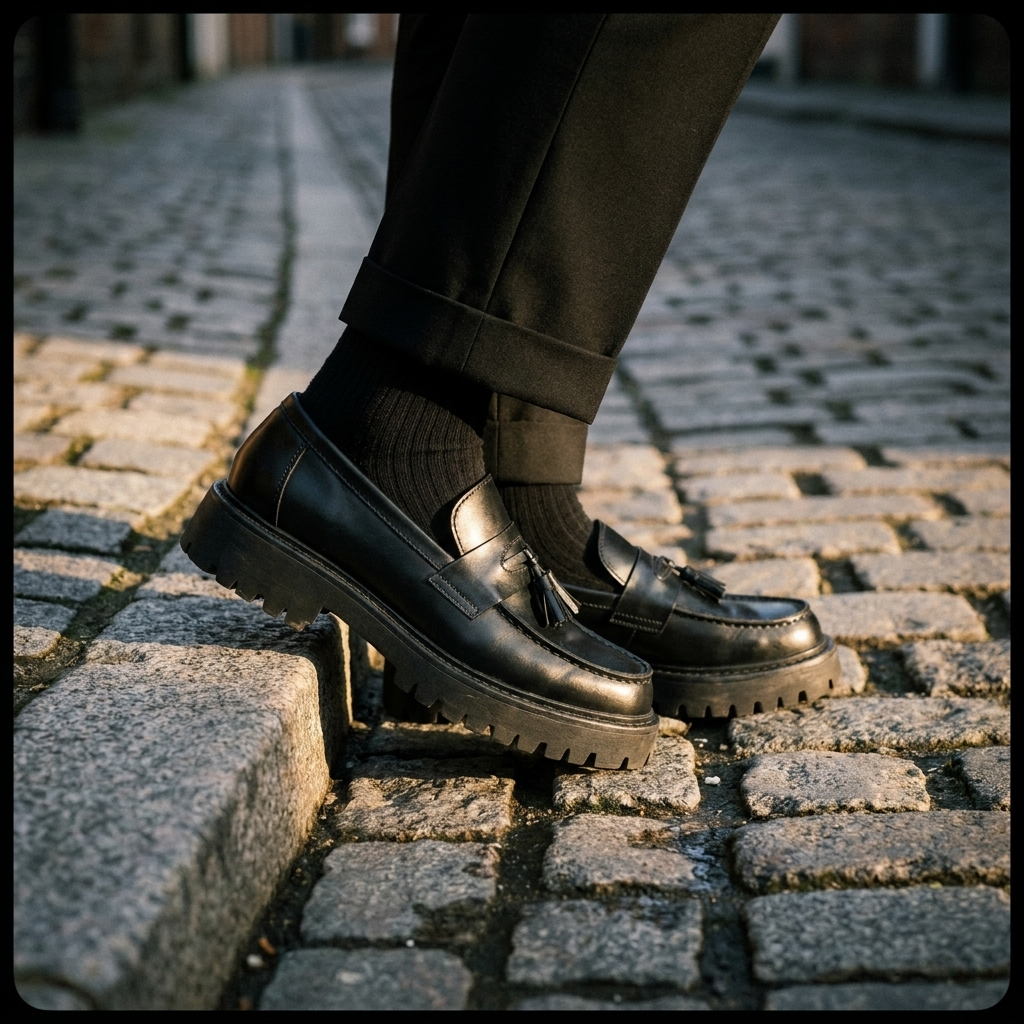 Detail shot of brown foam rubber sole and tassel on brown animal pattern low cut buckle flat heel loafers