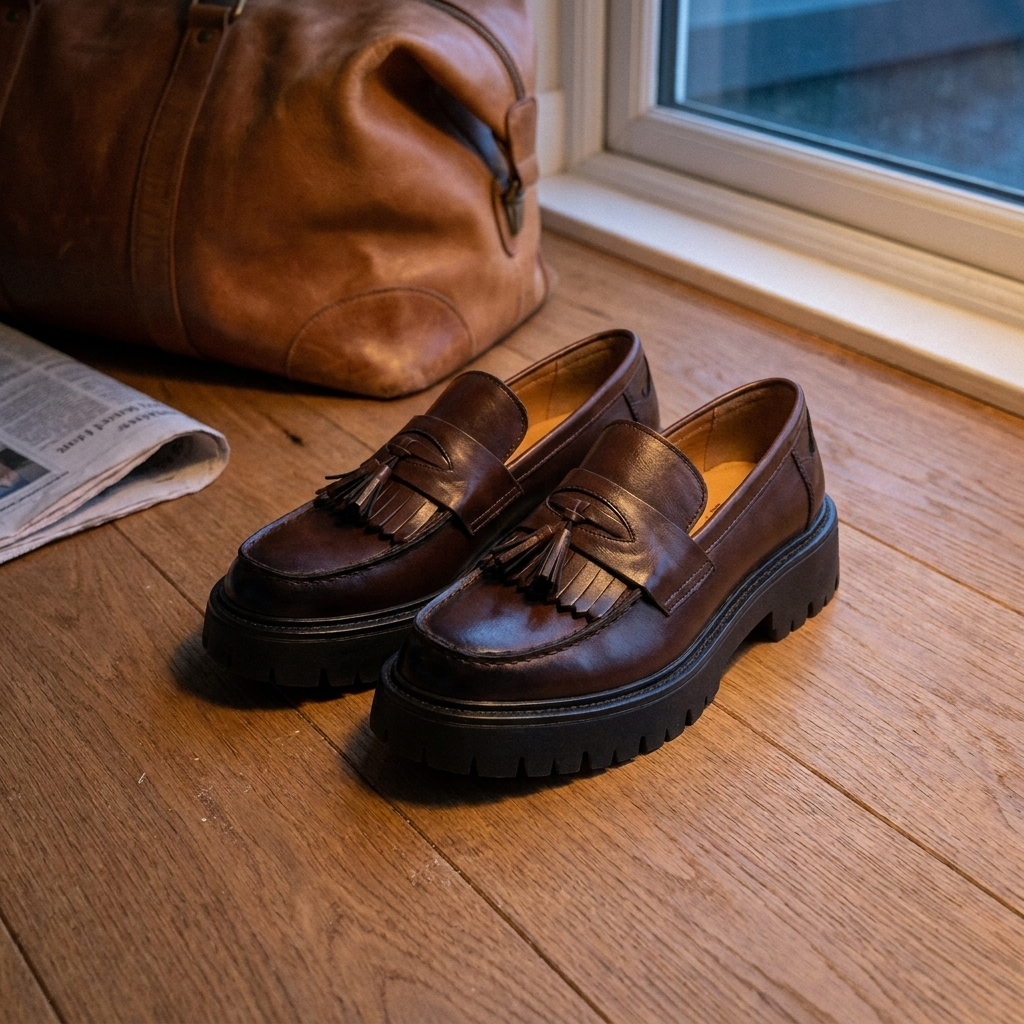 Side profile close-up of brown animal pattern low cut tassel loafers with buckle fastening and foam rubber sole