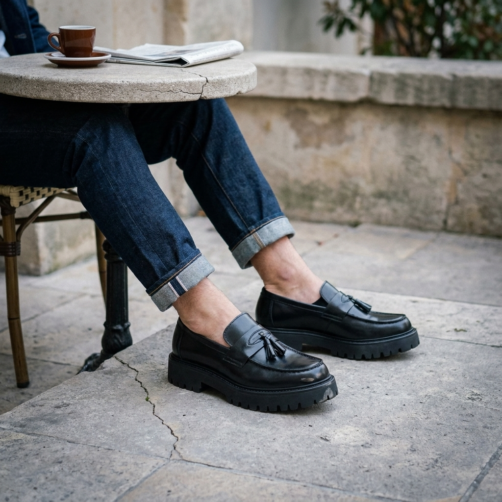 Three-quarter angle showing tassel detail buckle and foam rubber sole on brown low cut flat heel tassel loafers