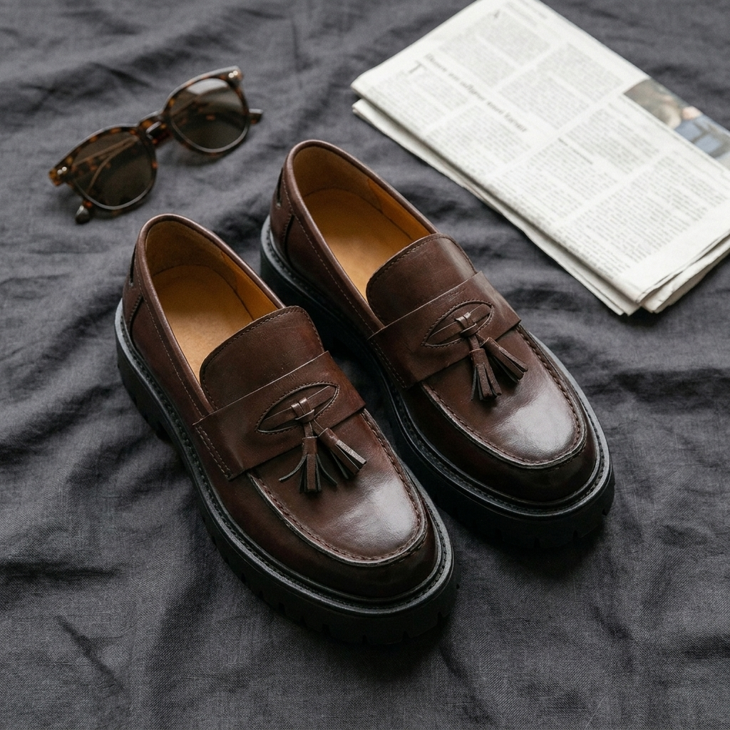 Top down close-up of brown foam rubber low cut tassel loafers highlighting animal pattern upper tassel detail and buckle fastening