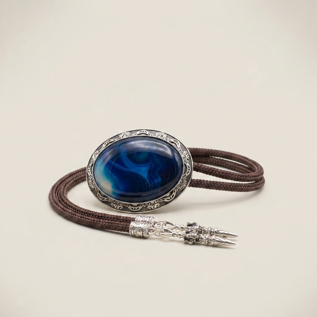 Electroplated alloy arrow-shaped water droplet bolo tie front view in blue with crystal centerpiece and coffee-colored sky rope cord
