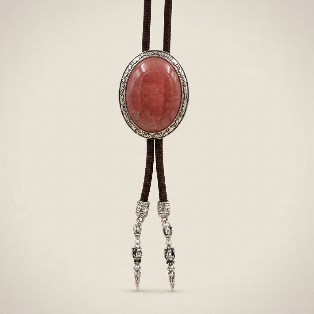 Top-down view of white electroplated alloy bolo tie showing crystal clear centerpiece and coffee-colored sky rope cord