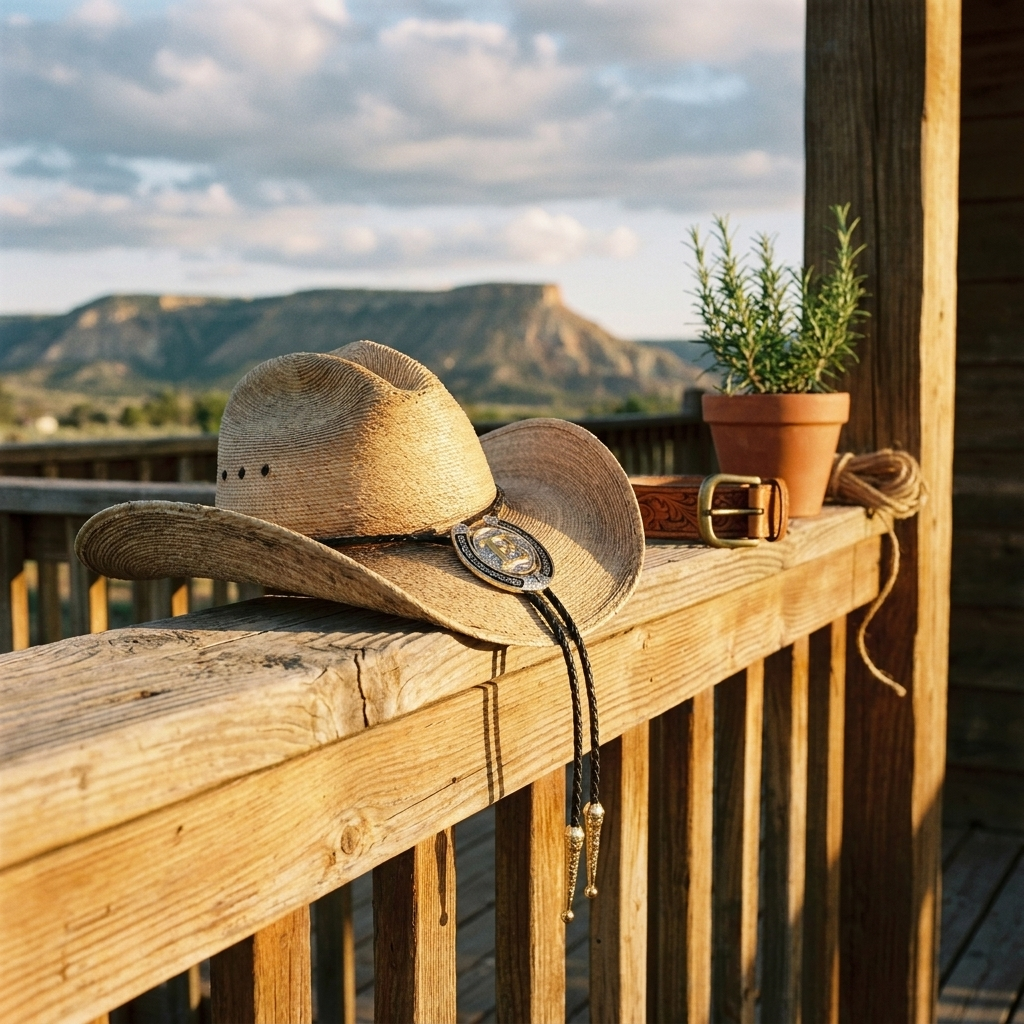 Bolo tie with silver electroplated geometric centerpiece and leather cord displayed ambiently on wooden porch railing in lifestyle setting