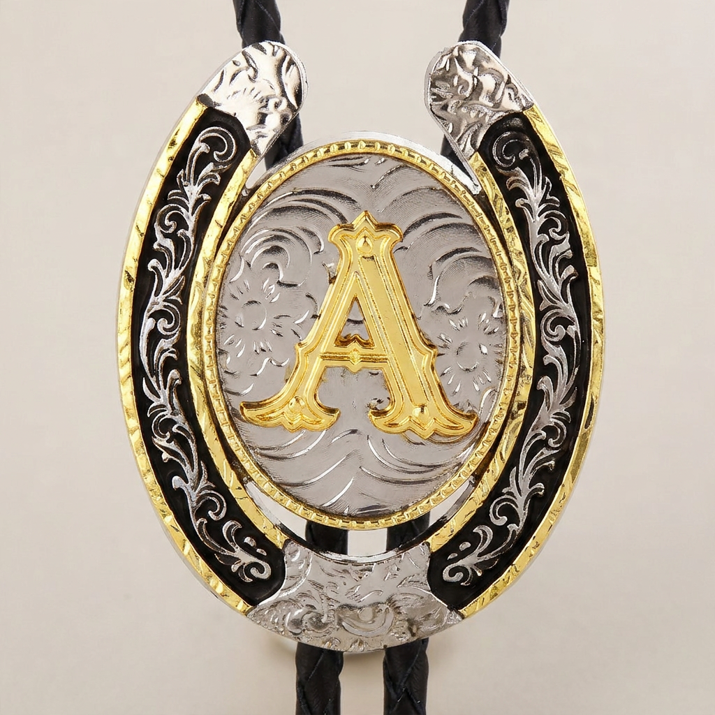 Front detail of bolo tie showing letter D centerpiece in silver electroplated metal with genuine leather cord and geometric style