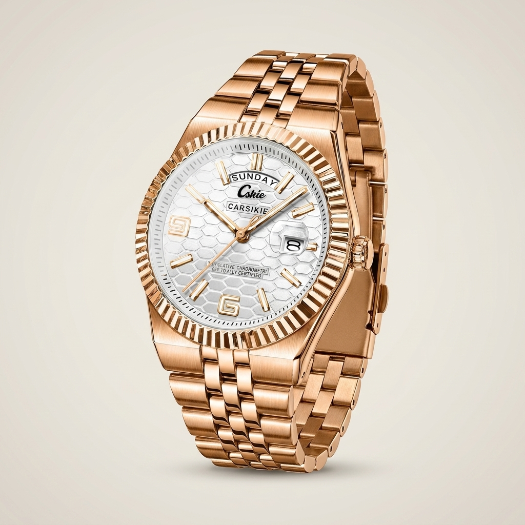 Gold tone stainless steel men’s watch with brushed and polished bracelet front view lit highlighting round dial
