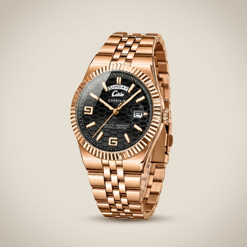 Gold tone stainless steel men’s watch at three-quarter angle showing fluted bezel and luminous hands lit