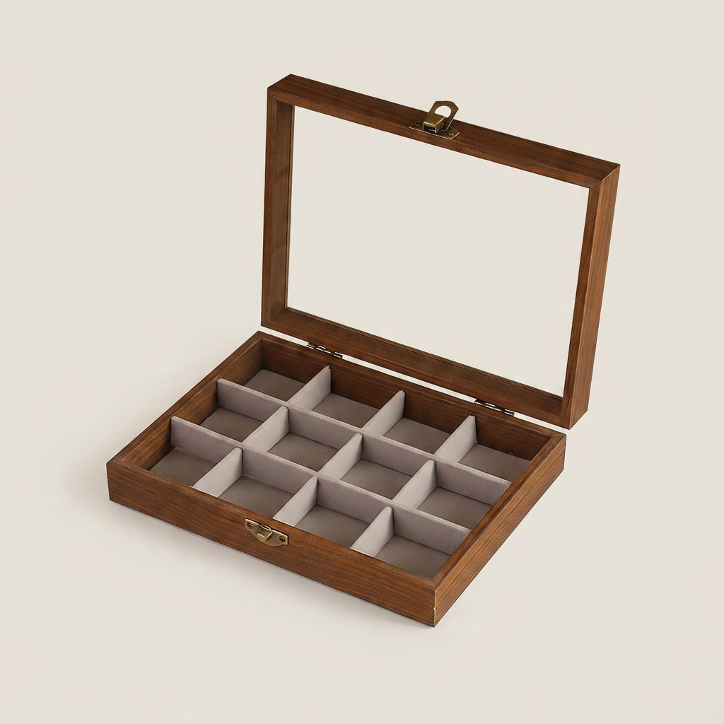 Gray 12-compartment jewelry storage box front view with transparent window and gray wood finish showing twelve compartments