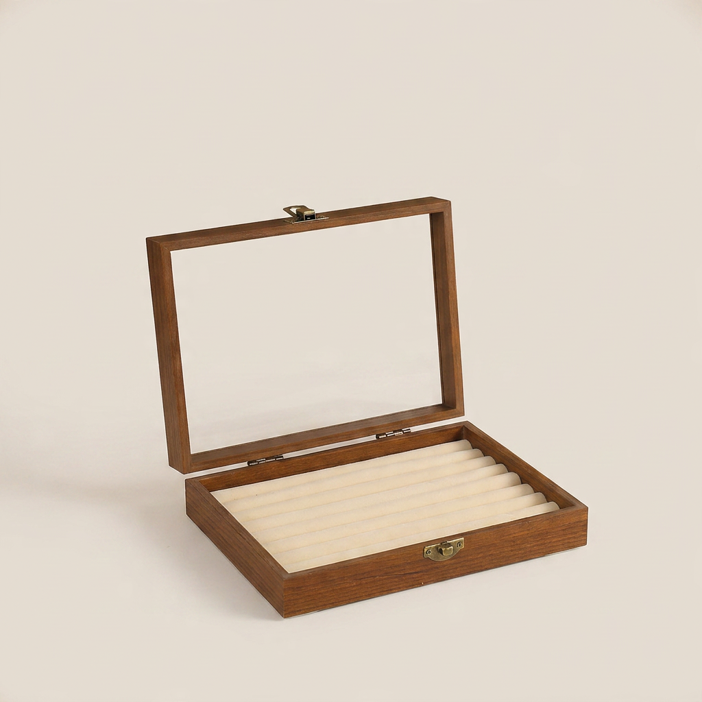 Gray 12-compartment jewelry box at three-quarter angle with transparent lid showing gray wood finish and twelve compartments