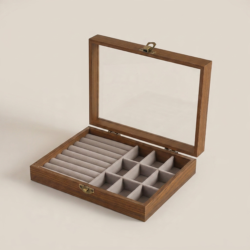 Gray 9-compartment jewelry box at three-quarter angle with transparent lid showing gray wood finish and nine compartments