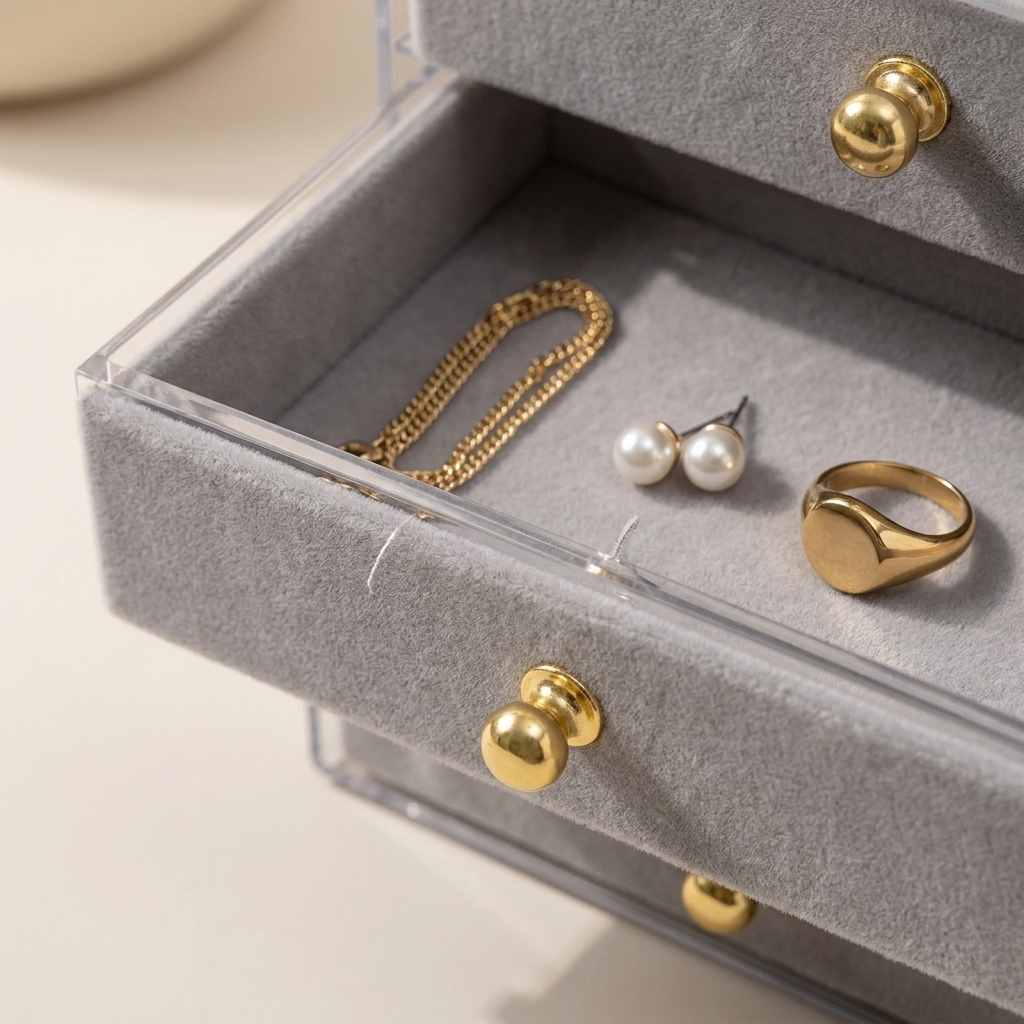 Close-up of beige multi-layer jewelry box on bedside table showing 5 velvet layers and 2 solid drawers