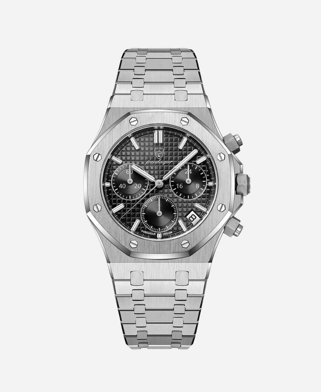 A close-up, top-down view of the Kings Oak Chronograph Men's Watch. This variant features a polished silver stainless steel case and bracelet, a textured black dial with three sub-dials, and a date window. The watch has chronograph pushers and a crown on the right side.