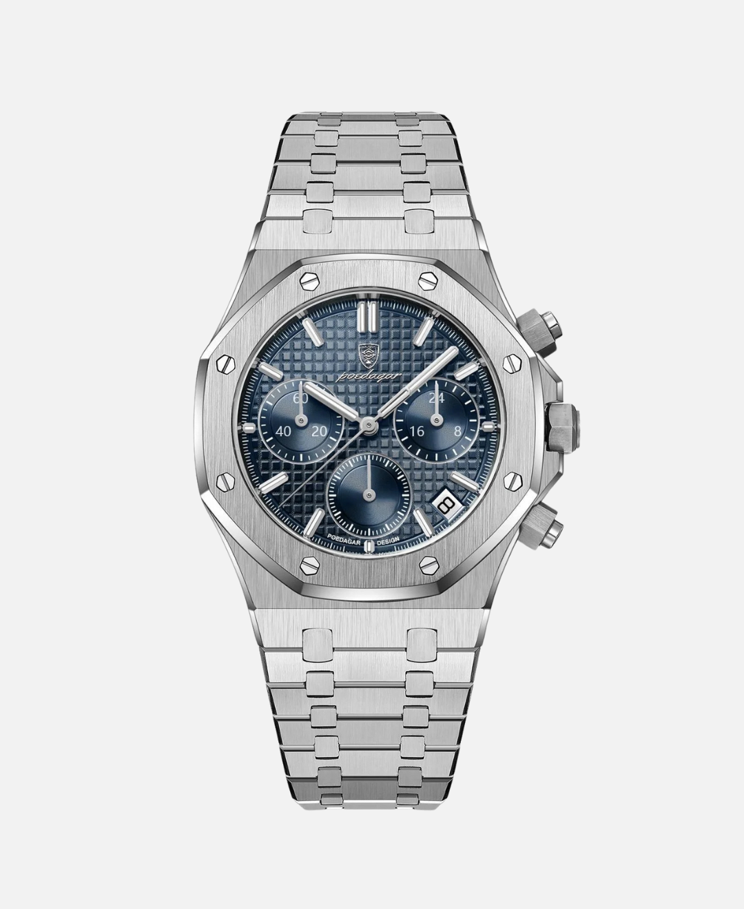 A close-up, top-down view of the Kings Oak Chronograph Men's Watch. It features a polished silver stainless steel case and bracelet, a textured blue dial with three sub-dials, and a date window. The watch has chronograph pushers and a crown on the right side.