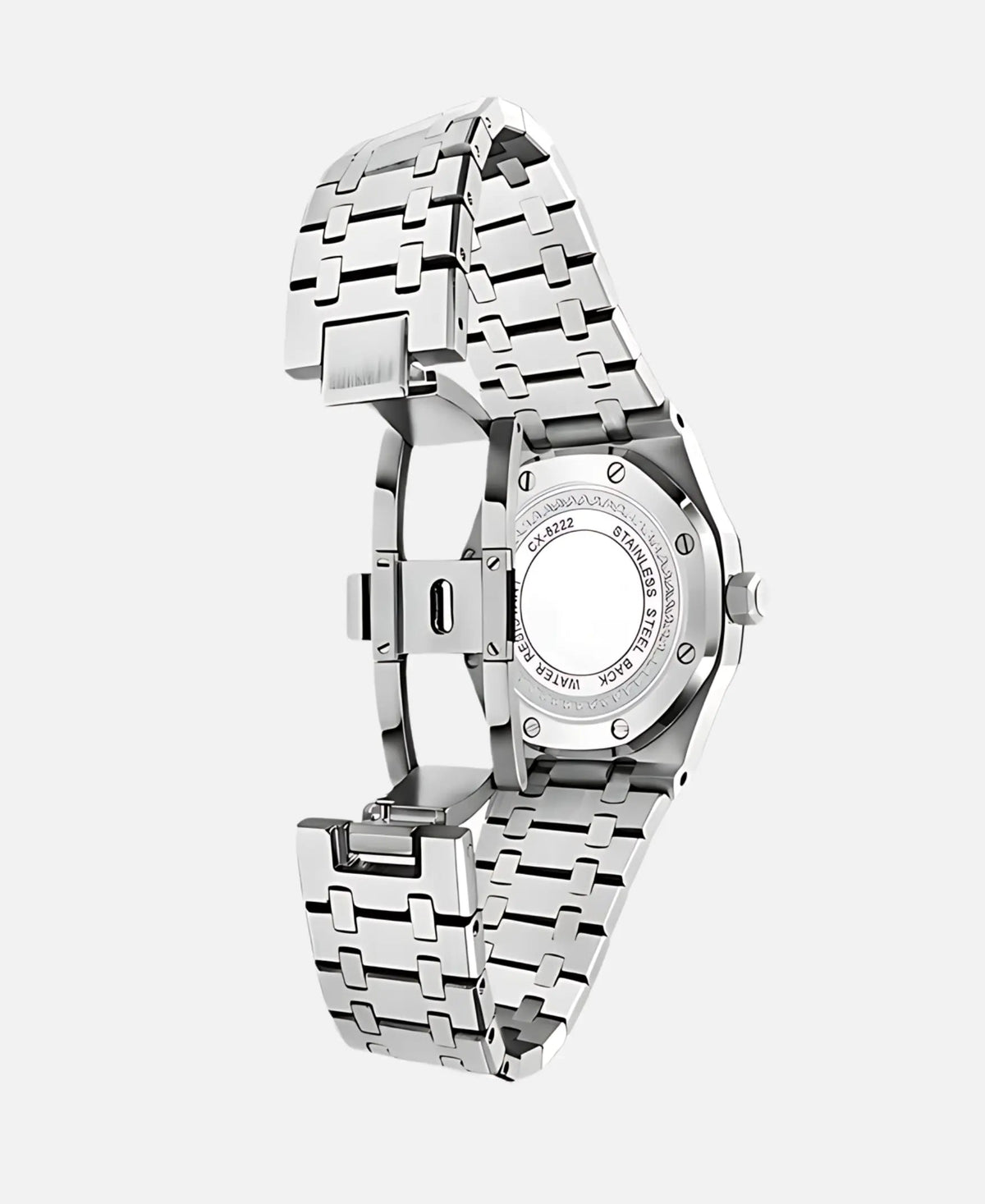 A detailed side and back view of the Kings Oak Chronograph Men's Watch, highlighting the brushed and polished stainless steel bracelet and the engraved case back. The case back shows 'STAINLESS STEEL BACK', 'WATER RESISTANT', and 'CX.822'. The open clasp mechanism is also visible.