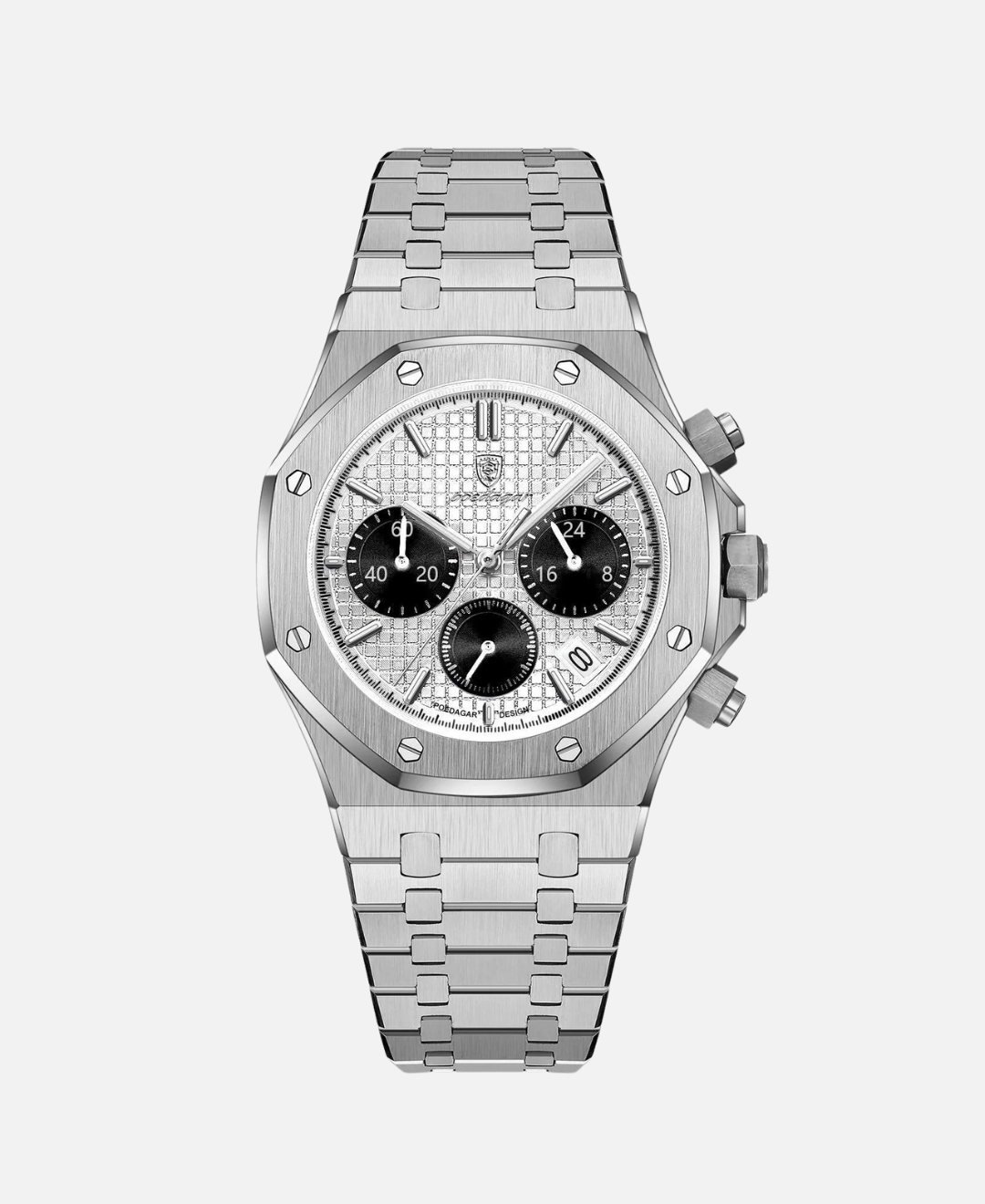A top-down view of the Kings Oak Chronograph Men's Watch in stainless steel with a silver textured dial, three sub-dials, and a date window, presented on a clean white background.