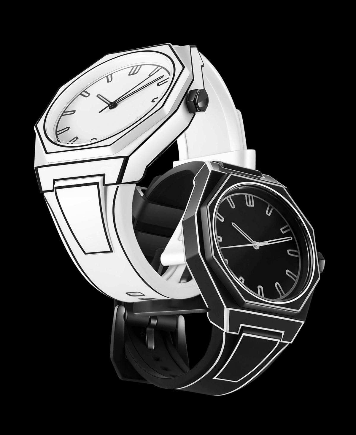 Linecraft Office Supplies Premium Paper with Smooth Finish, showing two watches, one white with black outline and one black with white outline, stacked together on a black background.