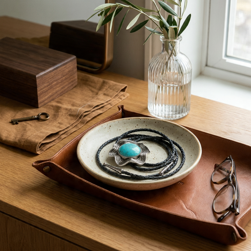 Detail shot of leather Y-shaped adjustable electroplated alloy pendant necklace on homey dresser leather valet with black leather and circular pendant