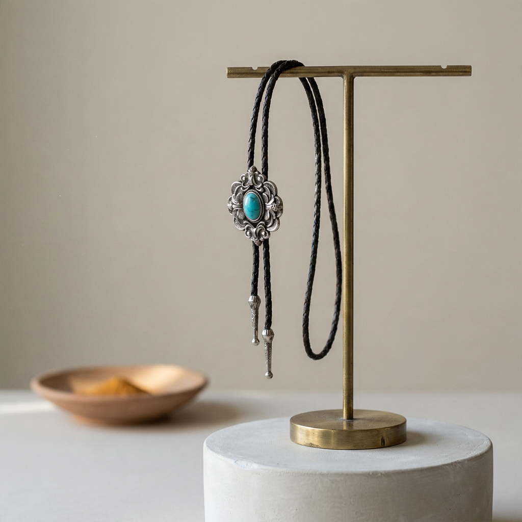 Leather Y-shaped adjustable electroplated alloy pendant necklace at three-quarter angle on minimalist plinth with black leather and circular accent
