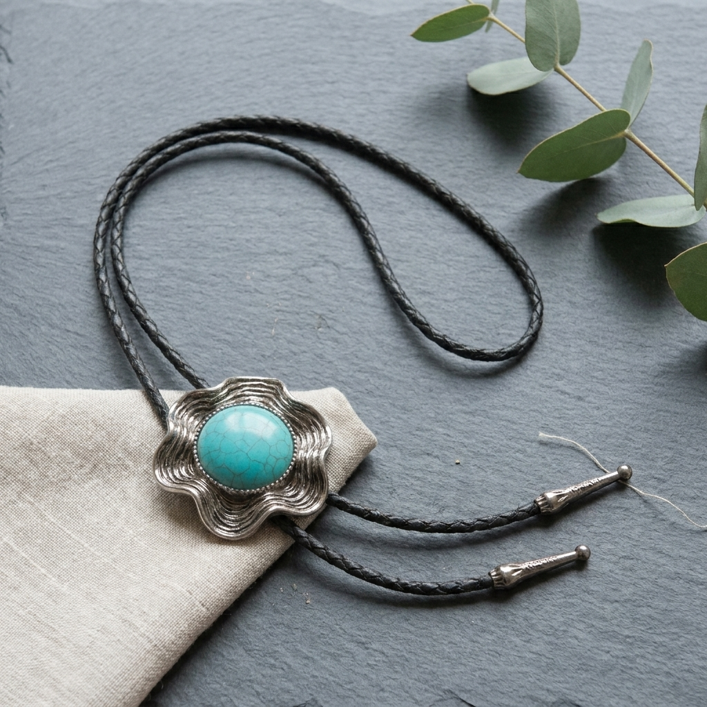 Leather Y-shaped adjustable electroplated alloy pendant necklace shown top-down flat lay on minimalist slate background with black leather strap