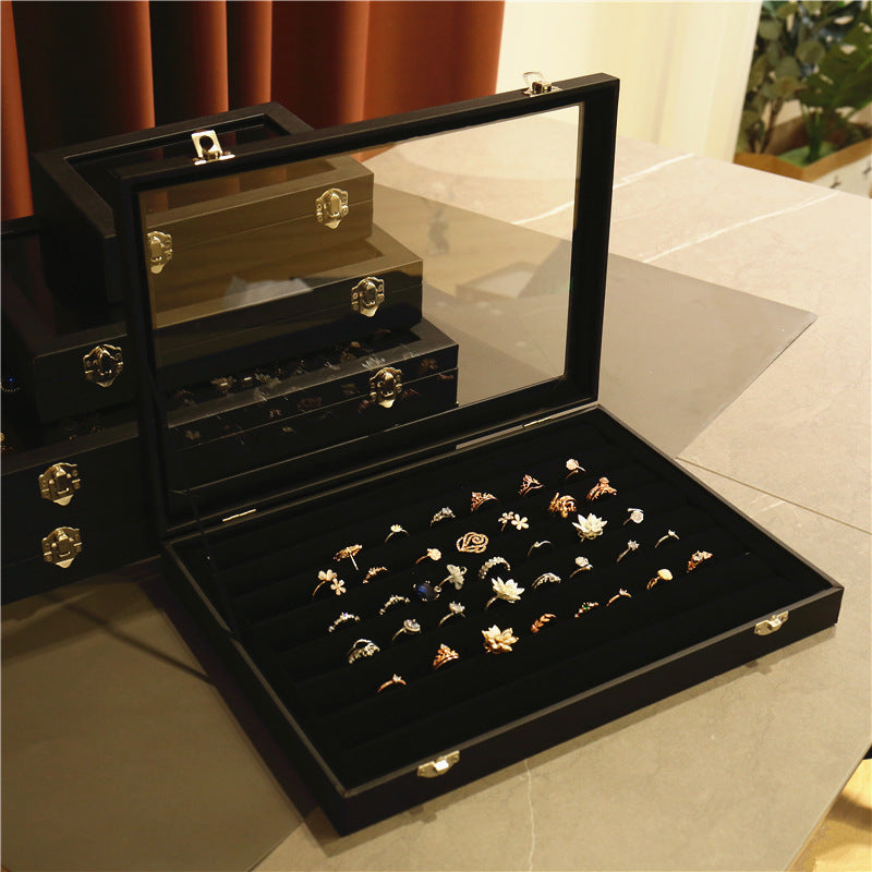 Black PU Leather Glass Skylight Velvet Lined 12-Compartment Jewelry Box