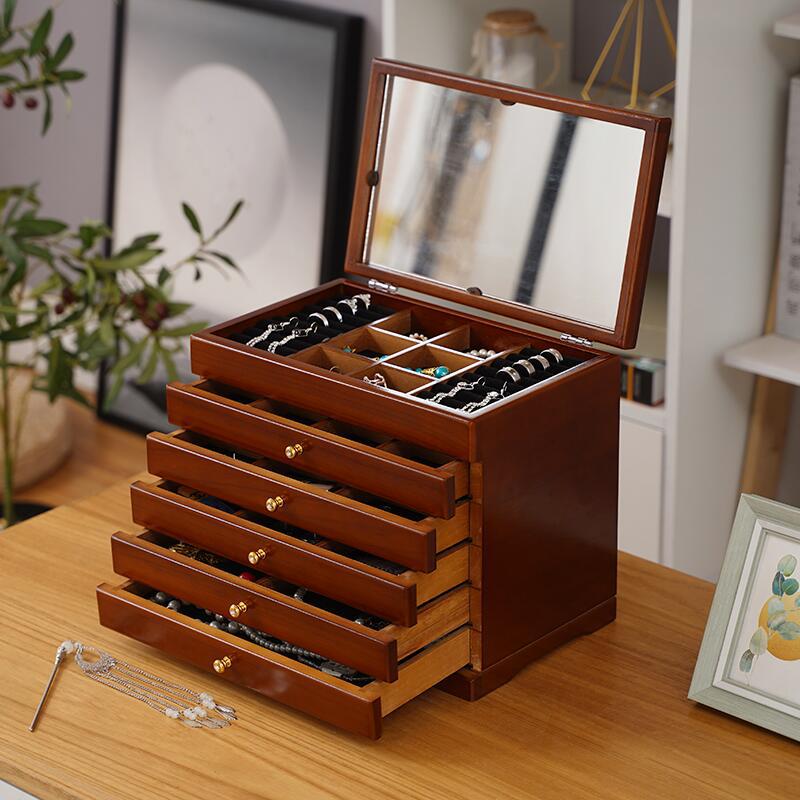Walnut Wood Rectangular Chinese Retro Lockable Jewelry Box with Velvet Interior