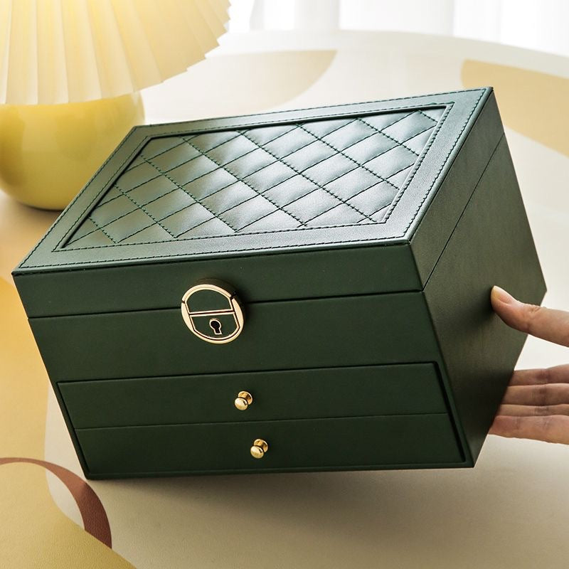 PU Leather Diamond Quilted Three-Layer Drawer Jewelry Box