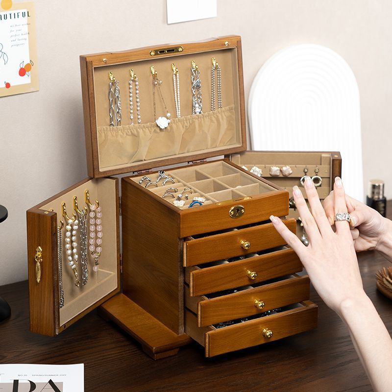 Vintage Solid Wood Glossy 6-Layer Full Lock Jewelry Box