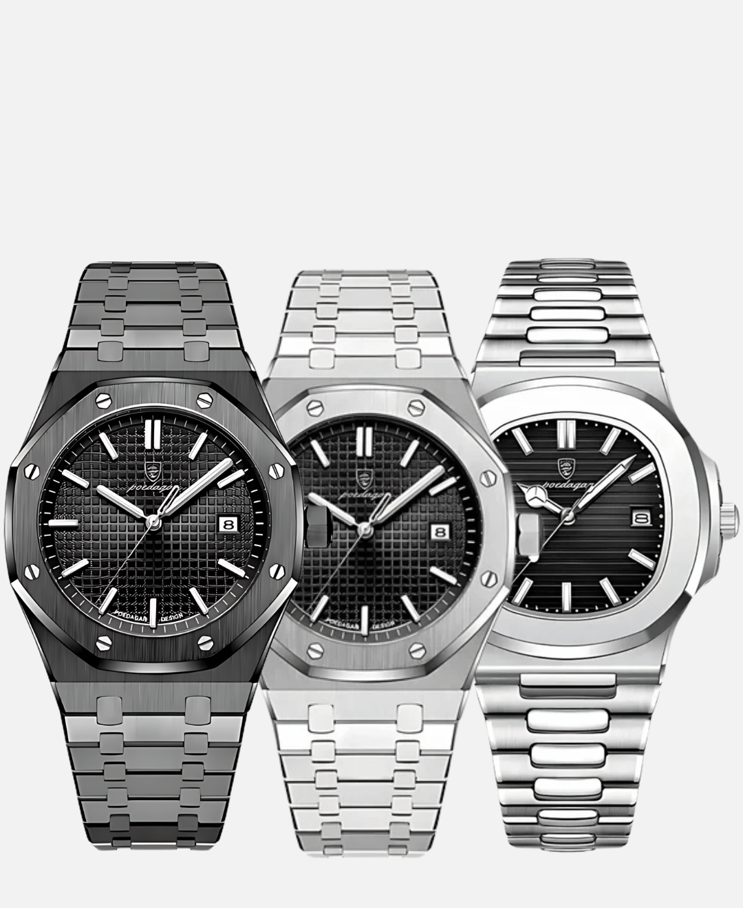 Three luxury watches displayed side-by-side. The first watch features a dark grey matte finish with a black textured dial. The second watch is silver with a black textured dial. The third watch is also silver with a black textured dial and a distinct case shape. All watches have metal link bracelets and visible brand logos on the dial.