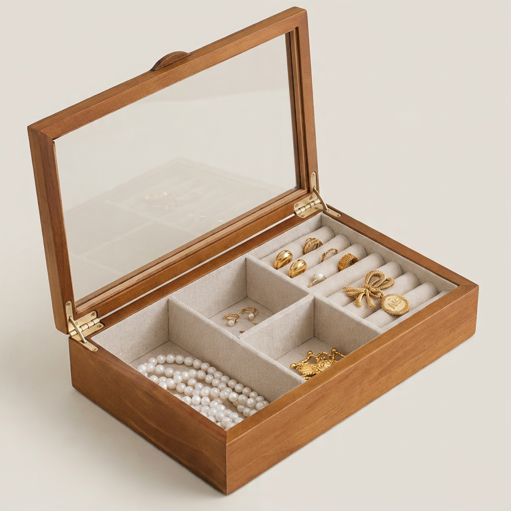 Three-quarter view of pine octagonal jewelry box with glass lid in ambient room