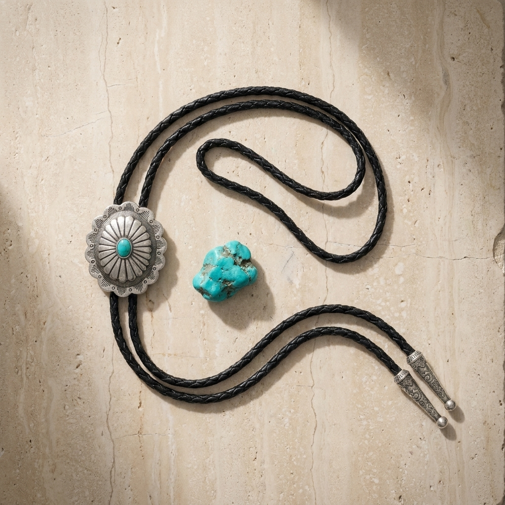 Top-down flat lay of polished metal checkered vintage silver feather pendant western bolo tie on travertine surface