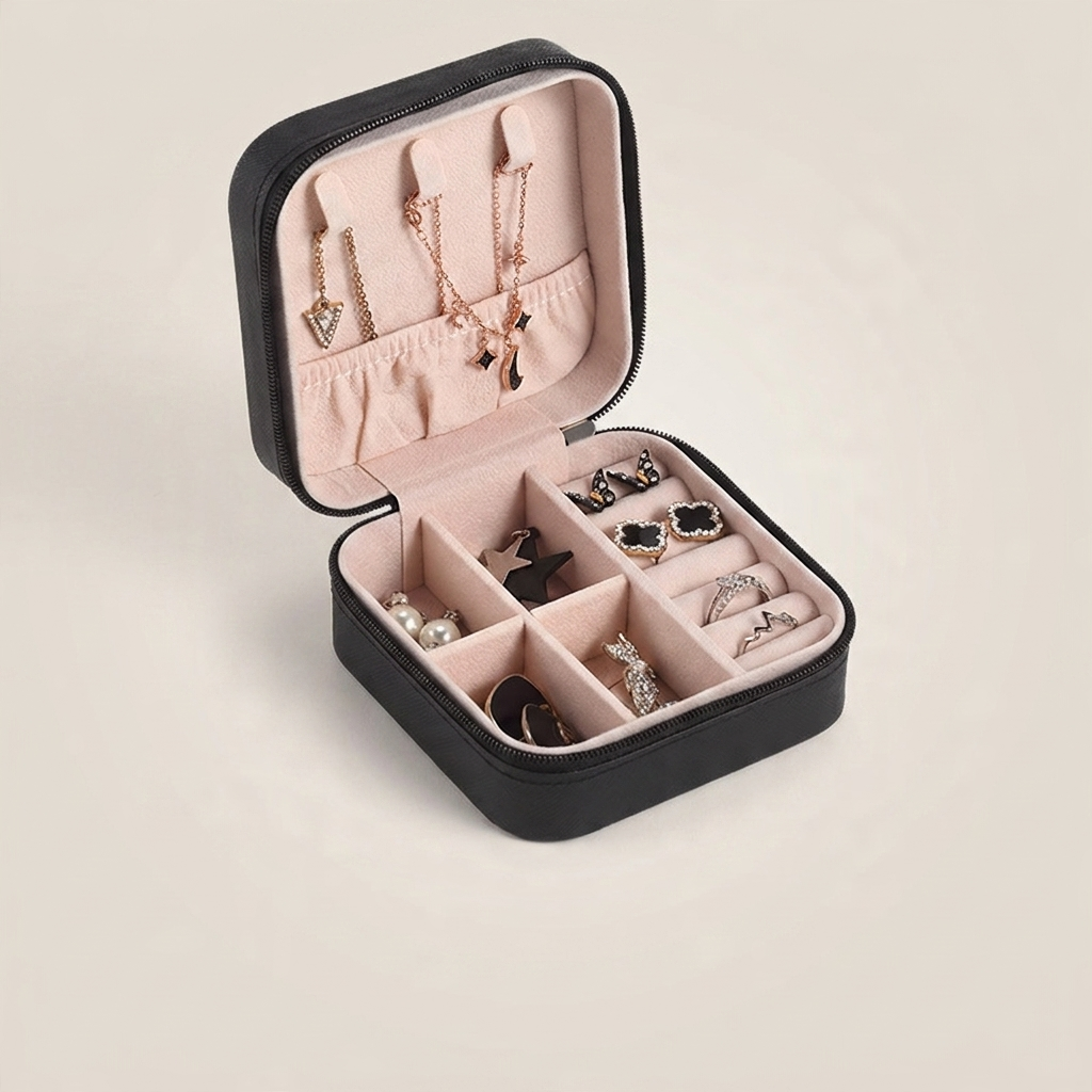 Black PU leather compact portable travel jewelry box shown front view with zipper closure and soft material