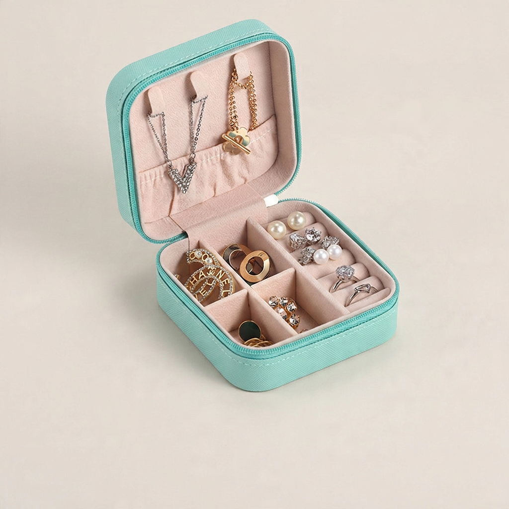 Green PU leather compact portable travel jewelry box shown front view with zipper closure and soft material