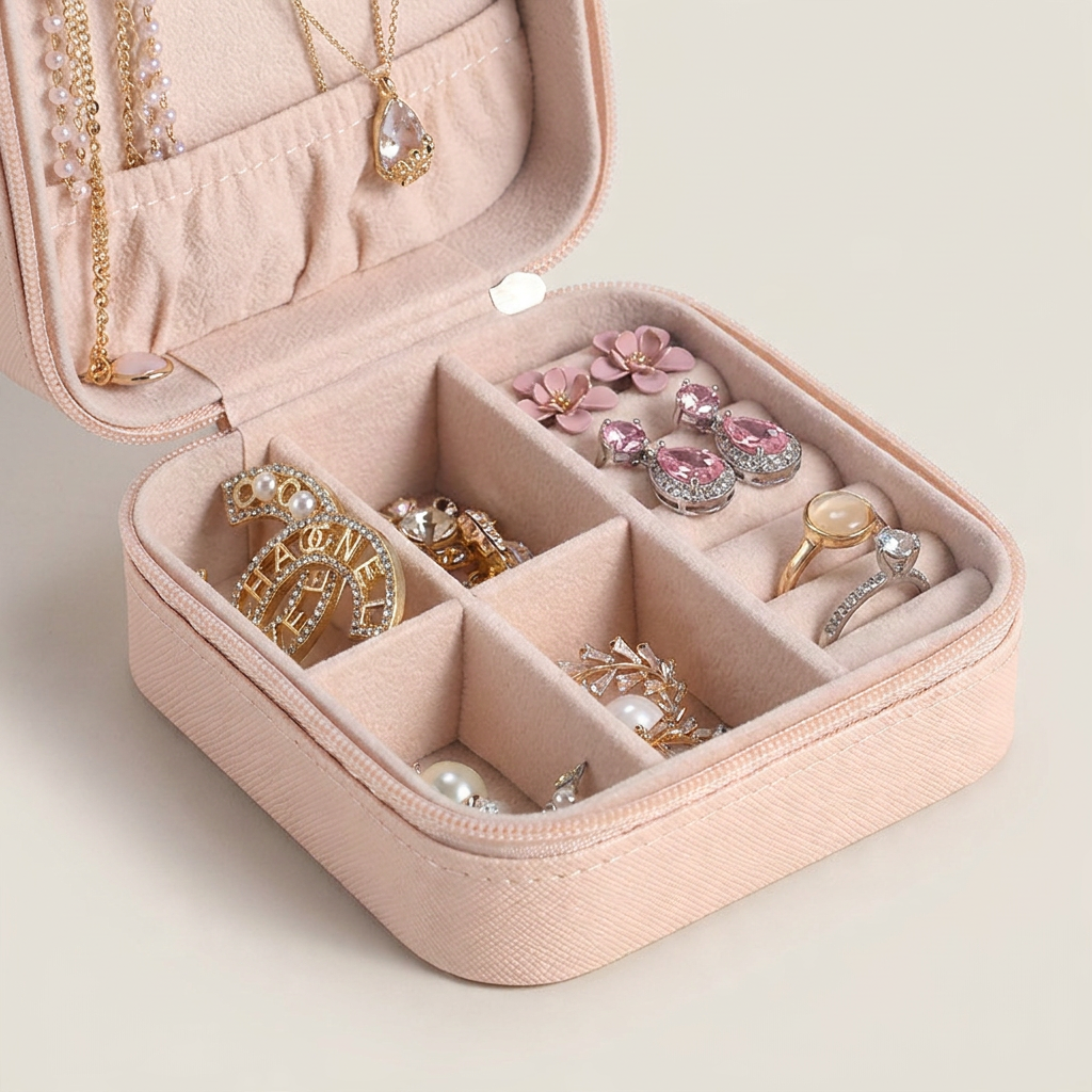 Pink PU leather compact travel jewelry box close-up angle detail showing zipper and gold-tone hardware