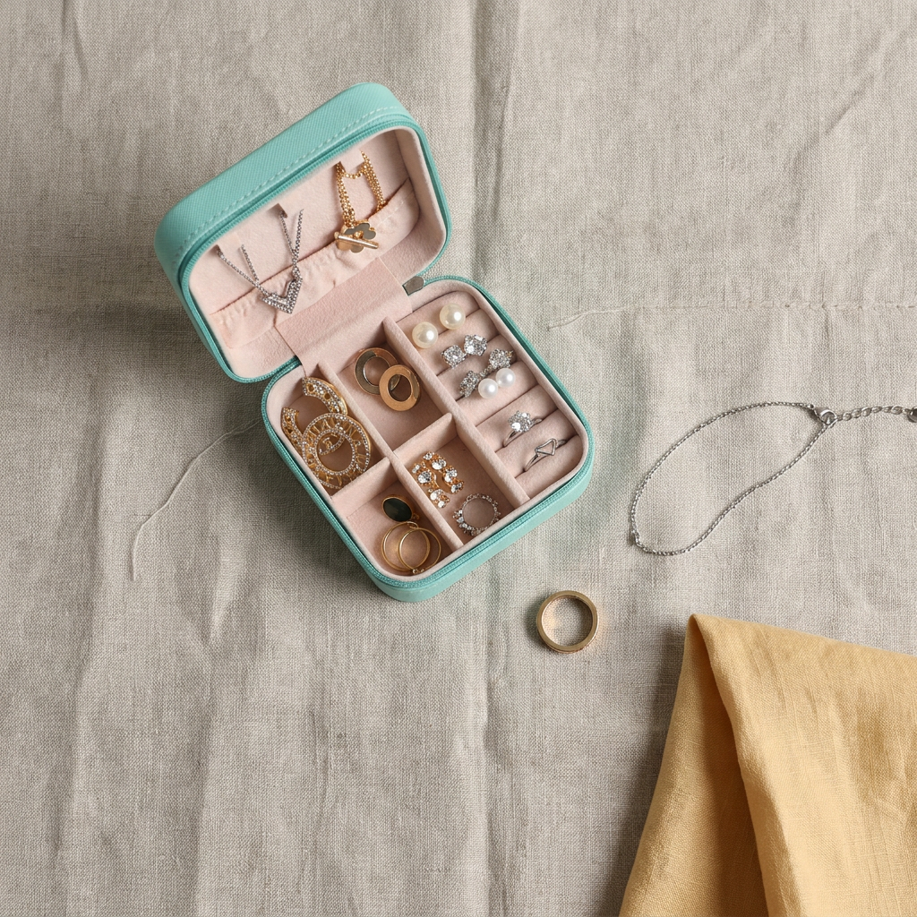 Pink PU leather compact travel jewelry box flat lay on minimalist linen surface with loose jewelry around