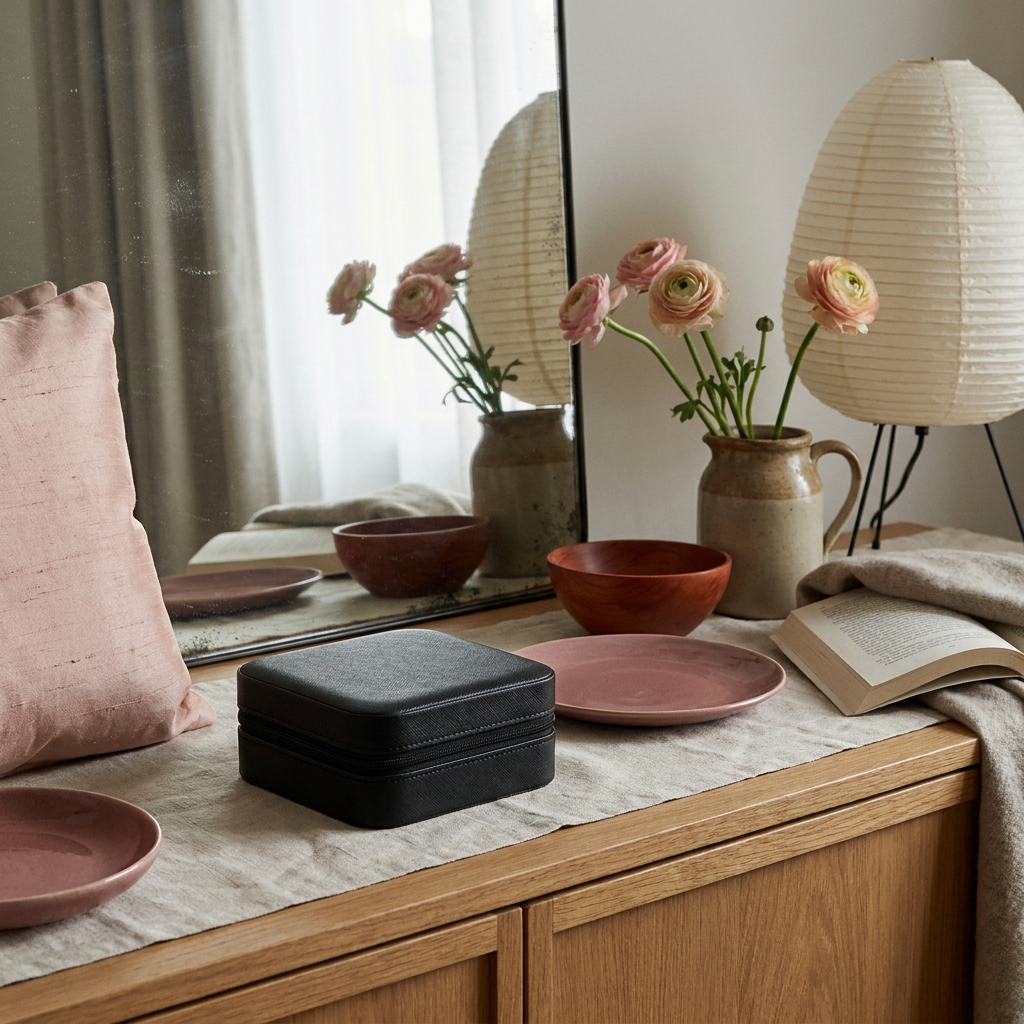 Pink PU leather compact jewelry box side profile on homey sideboard with blush velvet interior visible