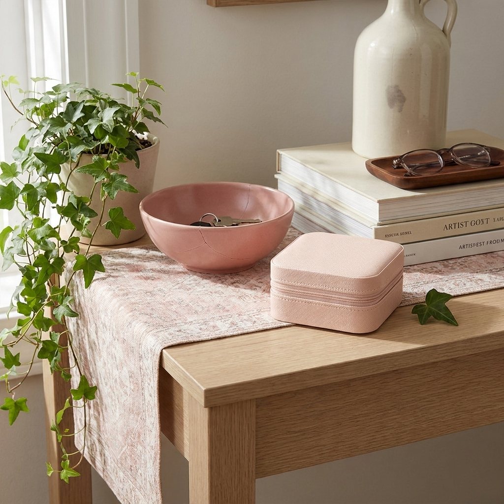 Pink PU leather compact travel jewelry box at three-quarter angle on homey entry console with rose ivory tones