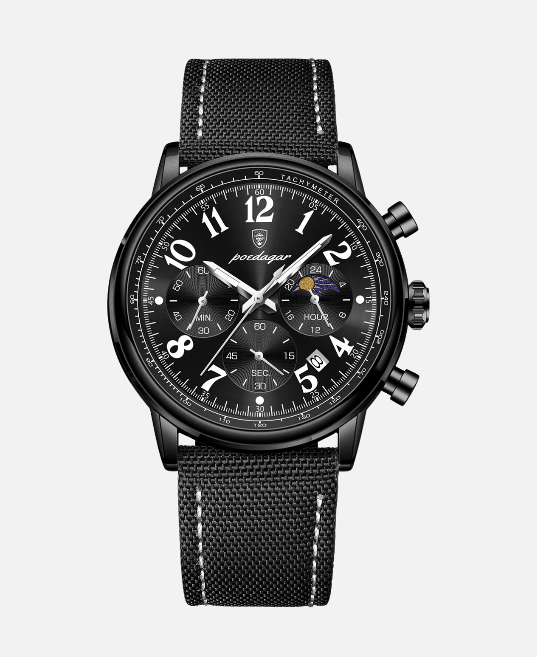 An all-black Stellato Luxury Watch, showcasing a black dial, black stainless steel case, and a black canvas strap with contrasting white stitching. The watch features chronograph subdials and a moon phase complication.