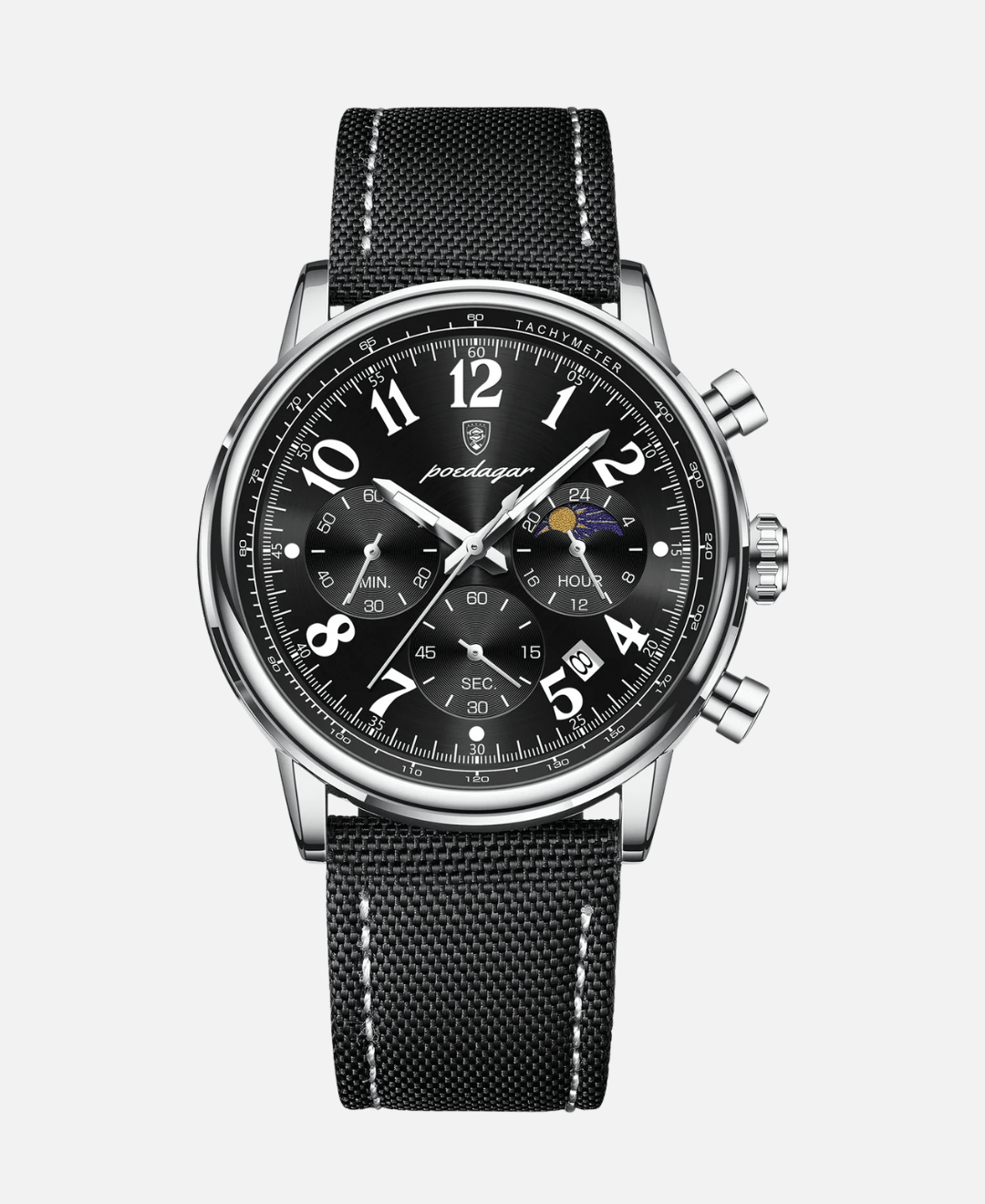A close-up of the Stellato Luxury Watch with a black dial, silver stainless steel case, and a black canvas strap featuring white stitching. The watch displays chronograph subdials, a moon phase indicator, and clear numerical hour markers.