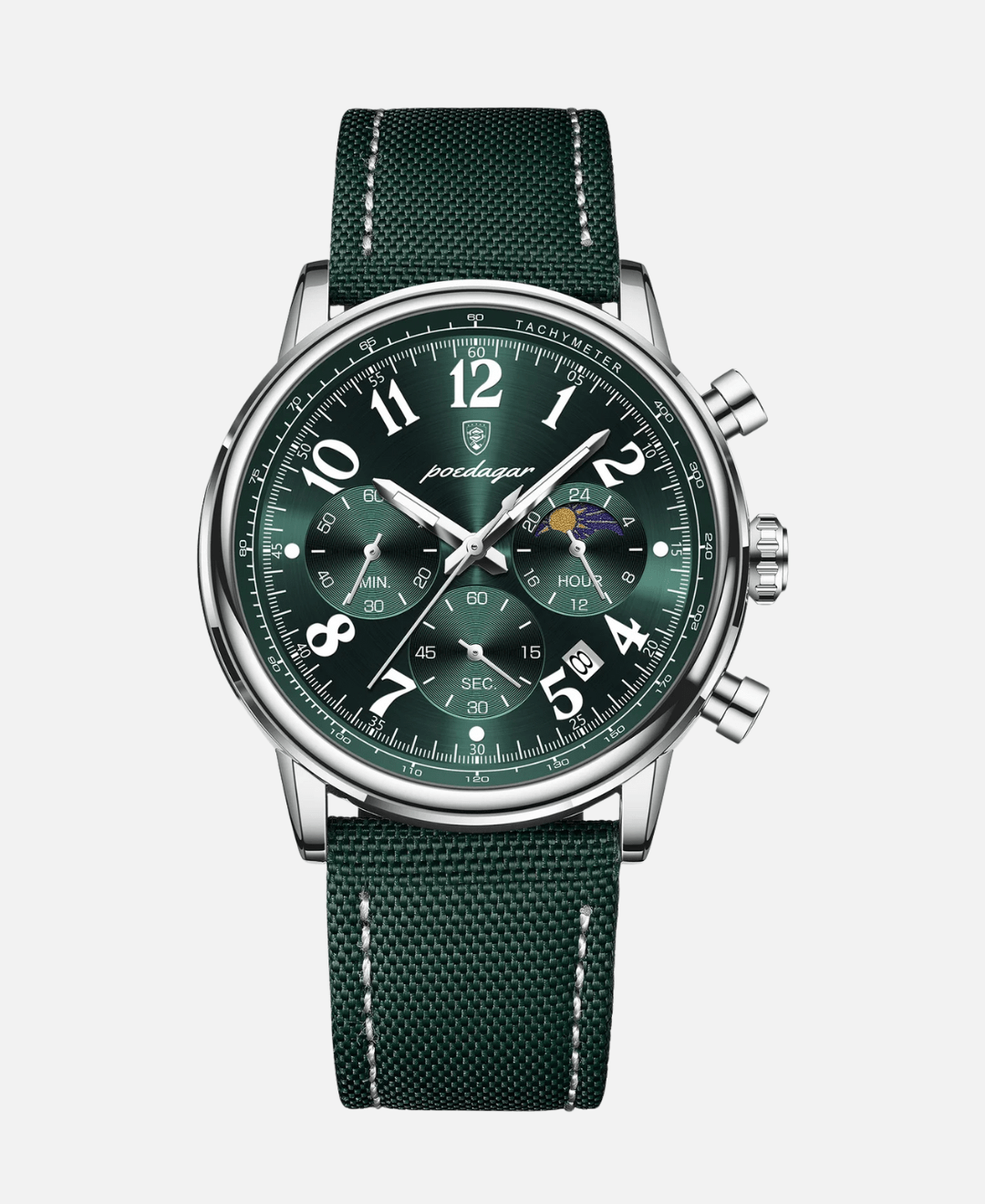 The Stellato Luxury Watch featuring a vibrant green dial, silver stainless steel case, and a matching green canvas strap with white stitching. It includes chronograph functions and a moon phase display.