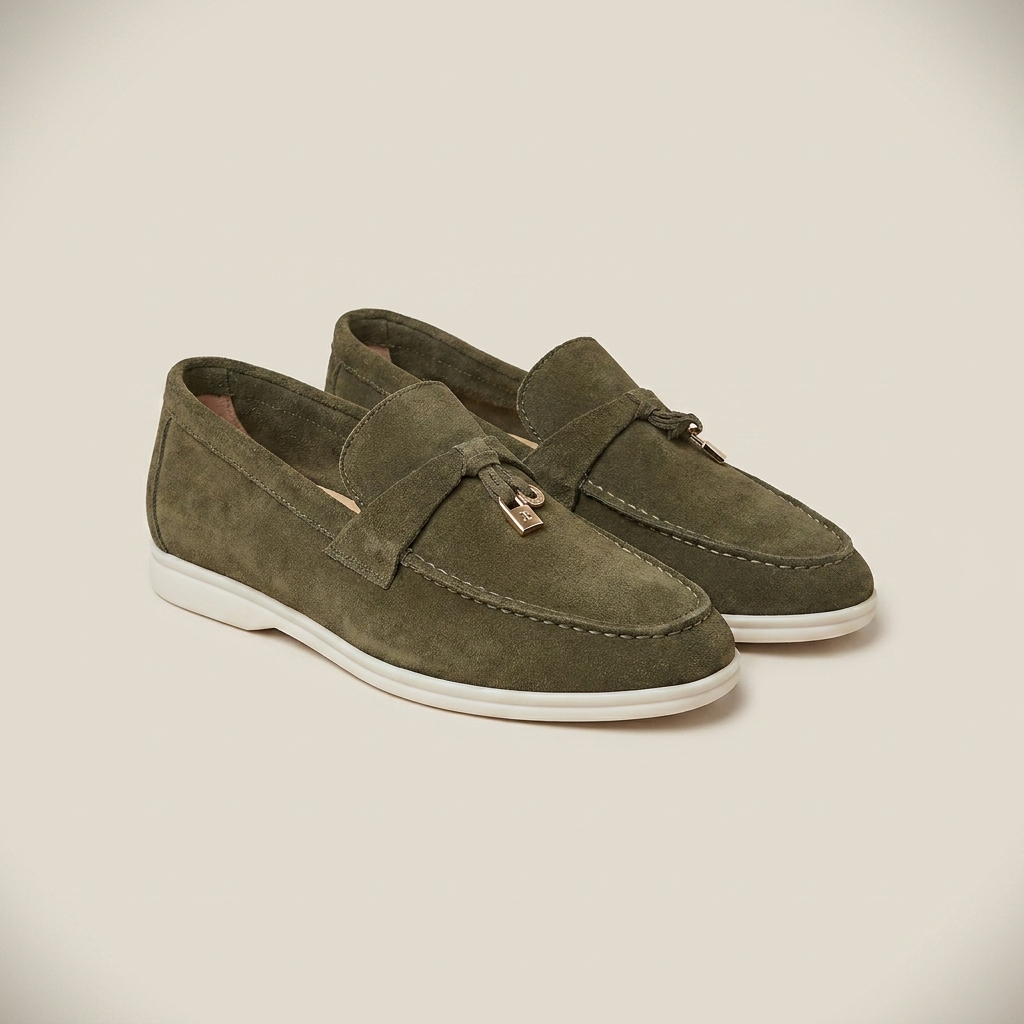 Caramel matte sheepskin suede loafer lifestyle three-quarter angle for casual wear showing low heel and round toe